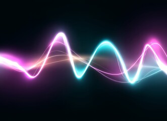Leinwandbilder - The combination of neon pink and blue light on a black background produces a glowing and reflective effect on an abstract wavy shape