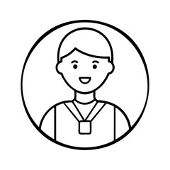 Poster - Line art of a smiling person inside a circular frame with a badge face circle