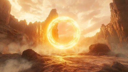 Poster - Glowing ring portal in a mystical canyon landscape at sunset.