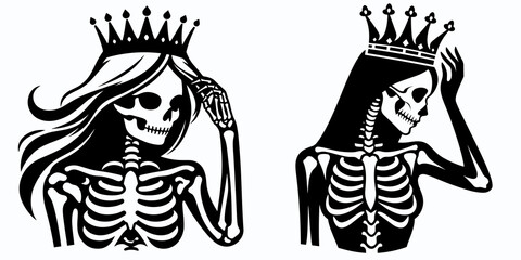 Fototapete - A female skeleton Wear Princess Crown. Cartoon Animal Clipart Silhouette Vector Illustration Line Art Illustration. girl bone figure adorn royal headpiece pretty tiara accessory.