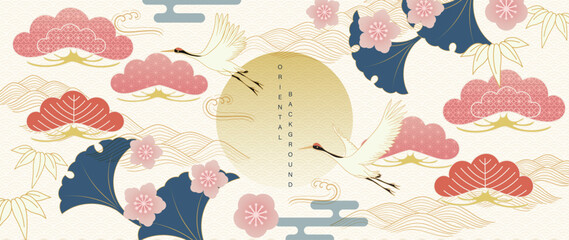 Aufkleber - Luxury oriental pattern background vector. Chinese and Japanese oriental line art with crane bird, cherry blossom, cloud, ginkgo leaf. Elegant illustration design for wallpaper, interior, packaging.