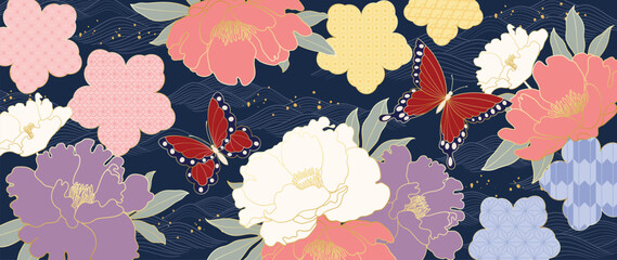 Aufkleber - Luxury oriental pattern background vector. Chinese and Japanese oriental line art with butterfly, peony, cherry blossom, sea wave. Elegant illustration design for wallpaper, interior, packaging.