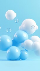 Poster - 3d render of white clouds and spheres floating on a light blue background, creating a dreamy and surreal atmosphere