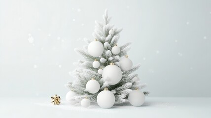 Aufkleber - White christmas tree decorated with white and gold ornaments, snowflakes falling gently on scene light blue background, creating a minimalist festive a