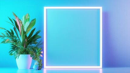 Aufkleber - Potted plants casting shadows on a atmosphere vibrant wall featuring a glowing neon frame, creating a modern and stylish blue