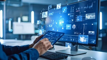 Modern technology data analysis concept with engineer using tablet and data monitor
