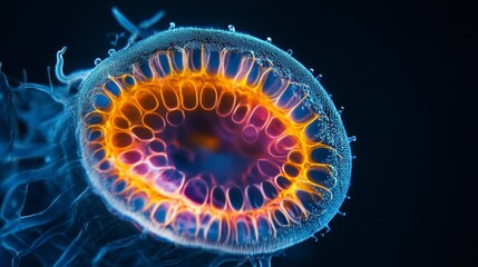 Poster - Microscopic view of a vibrant, bioluminescent marine organism with intricate details and glowing colors.