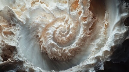 Poster - Close-up of a spiral seashell with textured, swirling patterns in beige and white tones.