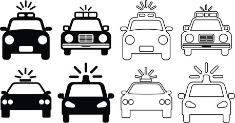 Poster - Collection of stylized police car illustrations showcasing various design styles in black and white