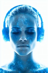 Wall Mural - woman with glowing headphones, futuristic female portrait, concept of inner universe and meditation