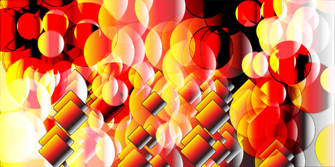 Poster - Vibrant abstract background with layered circles and diamond shapes in red, yellow, black, and white gradient tones.