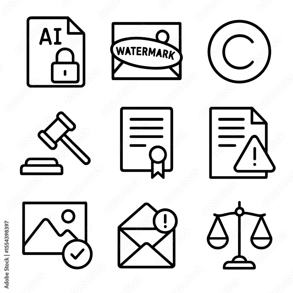 Copyright Issues Icon AI Art Copyright Icons. Outline icon set of AI art copyright issues ...