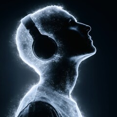 Wall Mural - silhouette man with headphones, futuristic music concept, abstract representation of immersive sound