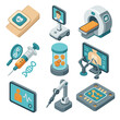 © Svitlana - Medical Tech Icon Set. Isometric Flat icon set of medical tech breakthroughs: wearable health patch, telemedicine robot, AI