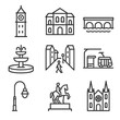 © Svitlana - Urban Landmarks Icons. Outline icon set of urban landmarks: city clock tower, historic building, river bridge, public fountain,