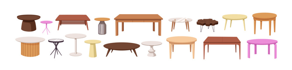 Poster - Tables set. Wooden, glass and plastic in round and rectangle shape, large and small size, for kitchen, dining and coffee, for interior design. Flat vector illustration isolated on white background