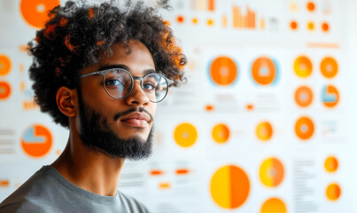 Poster - Young man with glasses analyzing colorful orange and blue data charts and graphs on white background in modern office or workspace environment for business analytics and data visualization concept