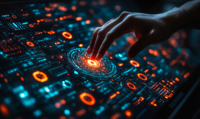 Poster - Hand interacting with futuristic digital interface displaying glowing orange and blue data visualization controls for technology and innovation concept