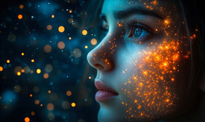 Poster - Close up portrait of young woman with glowing orange particles on face and blue bokeh background, futuristic digital art concept of human technology connection and data flow