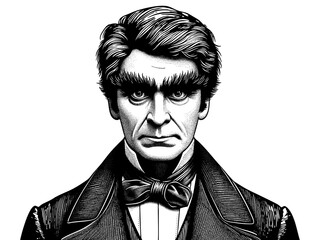 Wall Mural - funny man with thick eyebrows, dressed in formal 19th-century attire sketch engraving generative ai 