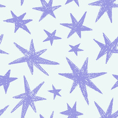 Aufkleber - Star pattern, seamless design. Starry background, repeating print with doodle-style chalk drawing. Endless texture for modern trendy textile, wallpaper, wrapping paper. Hand-drawn vector illustration