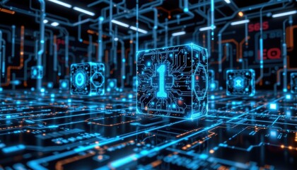 Poster - Intricate electronic circuit patterns lit up with glowing neon blue lights. Digitalization and technology concepts