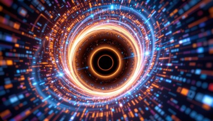 Poster - Abstract digital tunnel with glowing neon lights creating a swirling vortex. The colors are vibrant and dynamic, suggesting a high-tech futuristic setting.