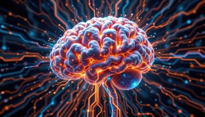 Poster - A high-tech rendering of a human brain, with digital circuits illustrating neural pathways. This image represents the complex interplay of thought and technology.
