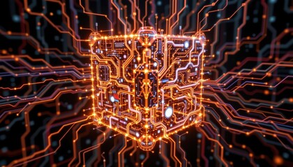 Poster - Glowing cube with intricate circuit board design.  The cube is the central focus, surrounded by radiating circuit lines