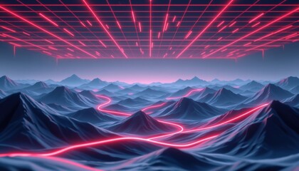 Poster - An abstract landscape with mountains connected by a vibrant network of red lines, set against a grid background