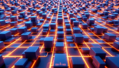 Poster - Abstract depiction of data and connectivity using a futuristic grid of cubes and lines