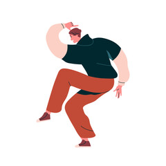 Poster - Dancing man in profile. Joyful young male in energetic pose, smiling, moving at disco party. Dancer in energy movement, funny move to music. Flat vector illustration isolated on white background