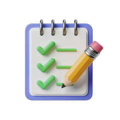 Aufkleber - 3 D Render of a Spiral Notepad with Checklist Green Checkmarks Yellow Pencil on White Background Isolated