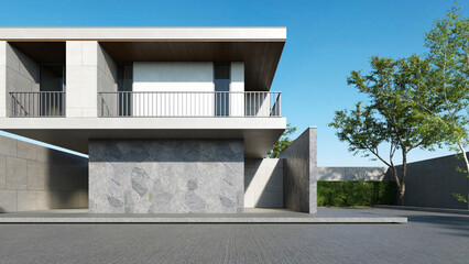 Poster - Modern house, Minimal architecture with empty wall and concrete garage driveway, 3d rendering of luxury property building