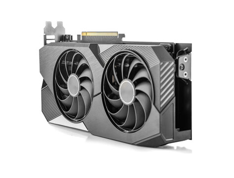 High-performance black dual-fan graphics card isolated on a white background, designed for gaming and professional desktop computers.