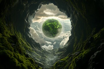 Poster - •  Ethereal outline inside a deep hole facing a giant moss-green gas planet -