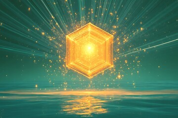 Poster - Floating amber hexagon emits golden rays into a tranquil teal spacefield 