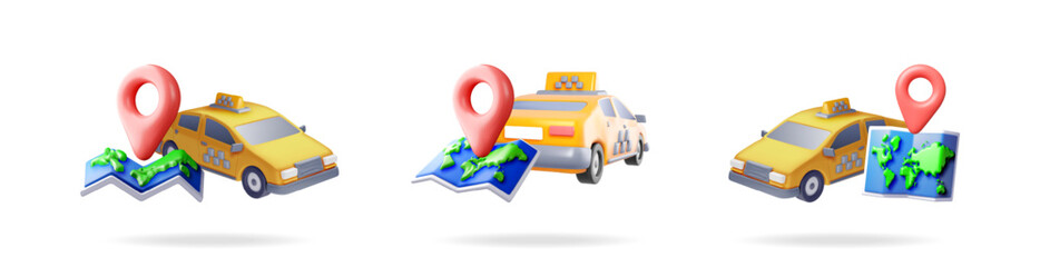 Poster - 3d cartoon yellow taxi car with navigation pin and world map. Online cab booking app, travel and journey concept.