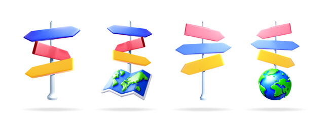 Poster - 3d cartoon collection of a colorful signpost with blank arrows for text, map and globe. For navigation or travel.