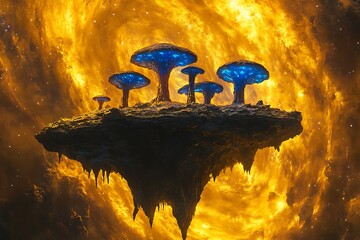 Poster - •  Floating obsidian island with glowing blue mushrooms under a swirling amber nebula 