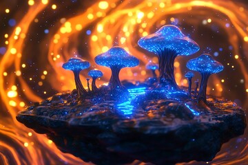 Poster - •  Floating obsidian island with glowing blue mushrooms under a swirling amber nebula 