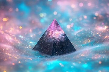 Poster - Floating obsidian prism spins in a sea of teal and rose-colored stardust 