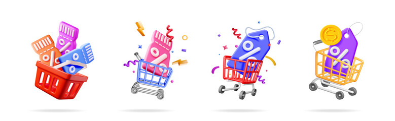 Poster - A set of 3d rendering vouchers and discount tags in shopping carts and baskets. Shopping and marketing concept for online store.