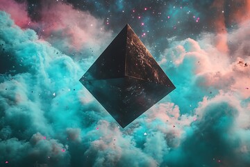 Poster - Floating obsidian prism spins in a sea of teal and rose-colored stardust 