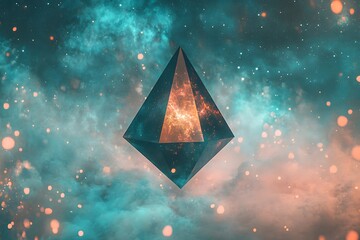 Poster - Floating obsidian prism spins in a sea of teal and rose-colored stardust 