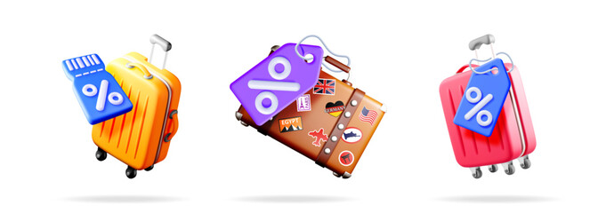 Poster - Three travel suitcases with discount and percentage tags. Summer travel sale concept for booking and vacation agency.