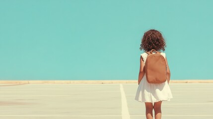 Aufkleber - Small student wearing a white dress and carrying a brown backpack walking towards school on a sunny day with a clear blue sky, symbolizing the pursuit of knowledge and education