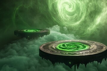 Poster - •  Floating silver platforms with glowing patterns beneath a swirling green sky 