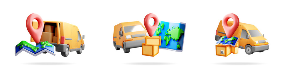 Poster - Multiple 3d illustrations of package delivery vans, cardboard boxes, and location map pins representing global shipping.