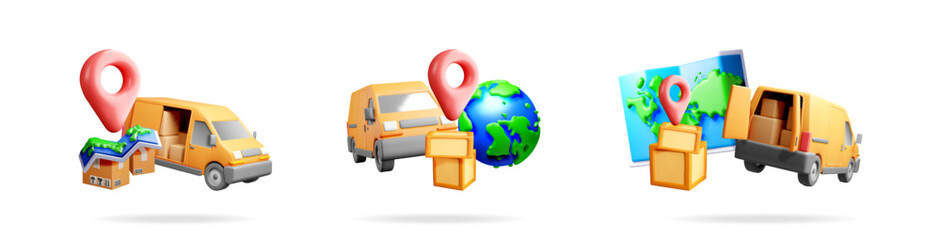 Poster - Delivery van on the road carrying parcels, surrounded by markers, map and earth. Express global shipping and package tracking concept.